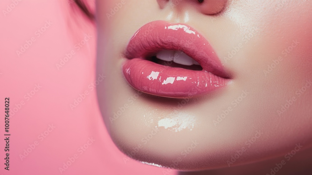 Close-up of Glossy Pink Lips with a Slight Smile Close-up of Glossy Pink Lips with a Slight Smile