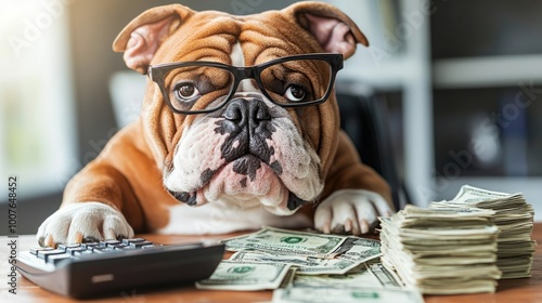 playful bulldog wearing reading glasses, sitting at desk with stacks of dollar bills and calculator, with mischievous grin as if its managing finances like pro, perfect for humorous banking