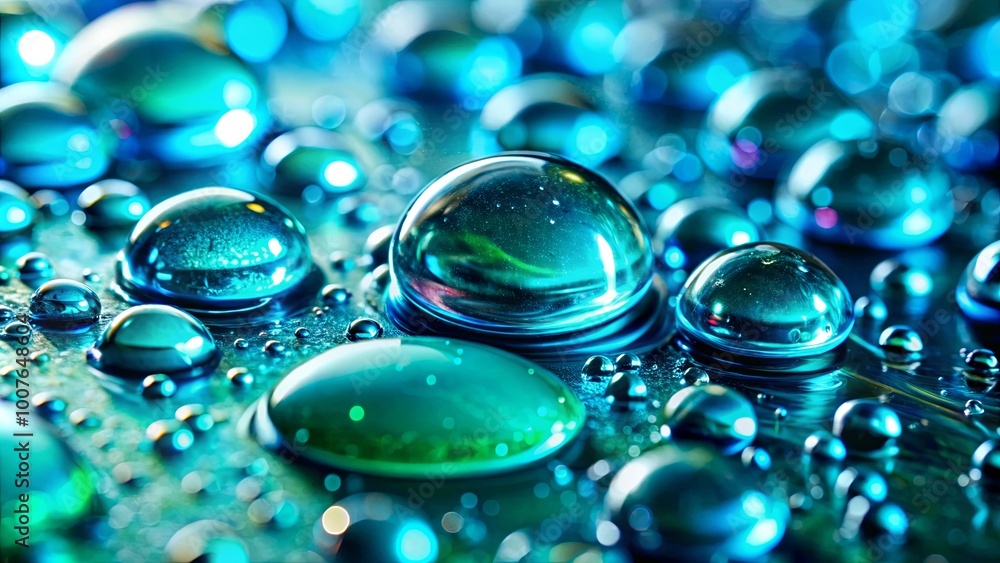 A collection of water droplets, each reflecting the light in unique patterns, creating a mesmerizing symphony of blue and teal hues. A collection of water droplets, each reflecting the light in unique patterns, creating a mesmerizing symphony of blue and teal hues.