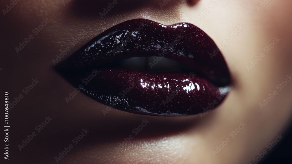 Obraz premium Close-up of Glossy Dark Red Lips with Sparkle