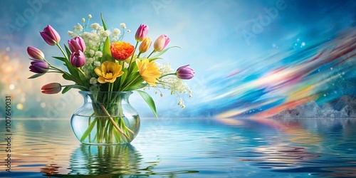 A colorful bouquet of tulips and delicate flowers, nestled in a clear glass vase, sits on a shimmering, tranquil water surface, reflecting the vibrant colors of a dreamy sky.