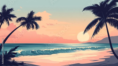 Tropical Sunset Beach with Palm Trees and Ocean Waves