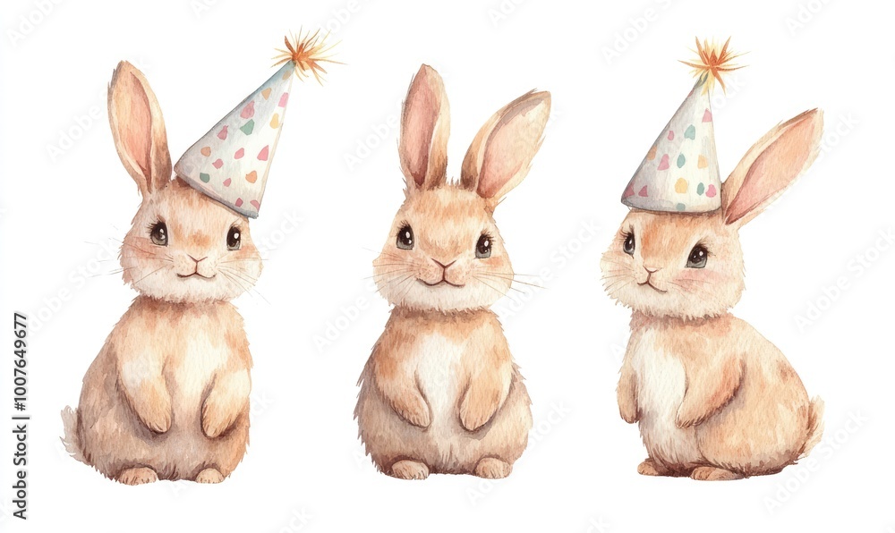 Cute Watercolor Rabbits in Party Hats Cute Watercolor Rabbits in Party Hats