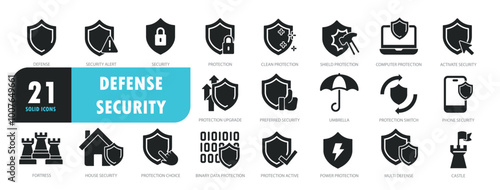 Set of glyph solid icons related to defense, security, secure, shield. Glyph solid icons collection. Vector illustration.