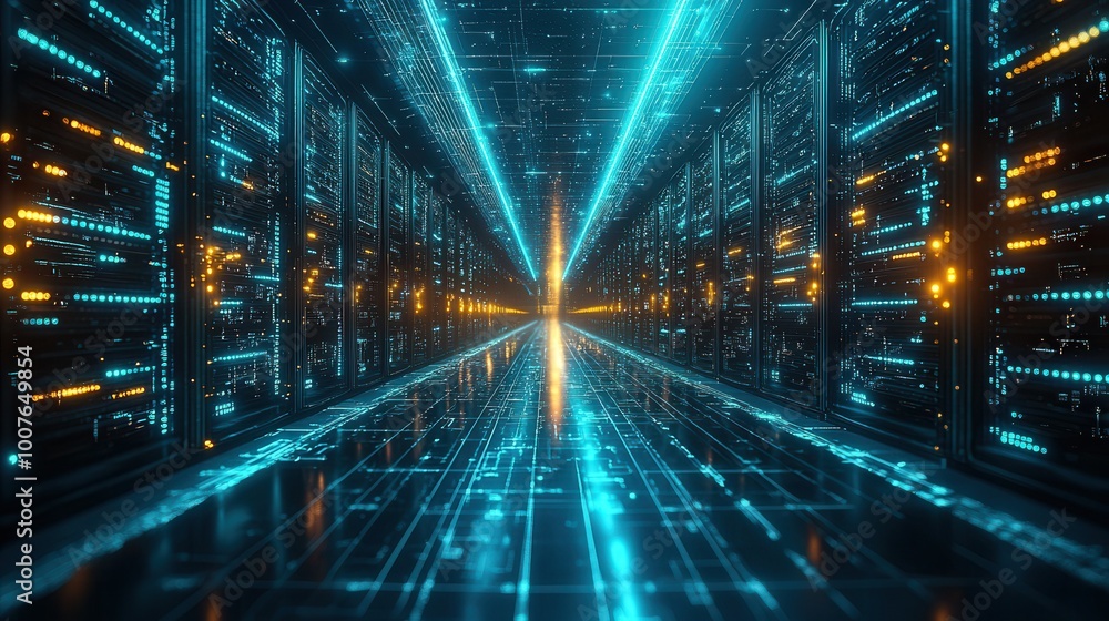 Futuristic Data Center with Neon Lights and Reflection Futuristic Data Center with Neon Lights and Reflection
