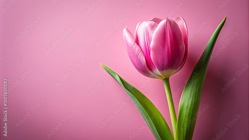 A single pink tulip with delicate petals and vibrant green leaves against a soft pink background, symbolizing spring's arrival and gentle beauty. A single pink tulip with delicate petals and vibrant green leaves against a soft pink background, symbolizing spring's arrival and gentle beauty.
