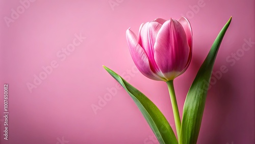 Wallpaper Mural A single pink tulip with delicate petals and vibrant green leaves against a soft pink background, symbolizing spring's arrival and gentle beauty. Torontodigital.ca