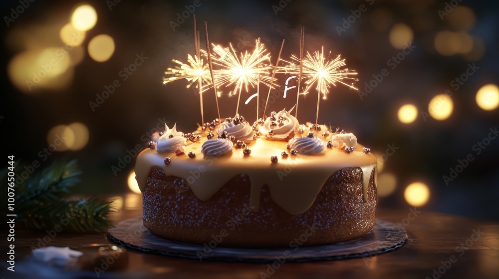Birthday Cake with Sparklers and Golden Decorations Birthday Cake with Sparklers and Golden Decorations