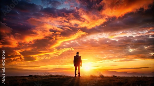 Fantasy Scene of a Solitary Figure Standing Alone Against a Dramatic Sunset Landscape Background