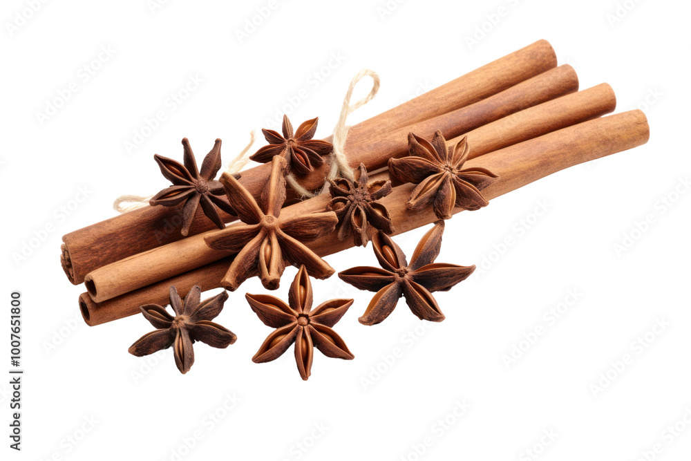 An artistic arrangement of whole cinnamon sticks intertwined with star anise pods on a white background An artistic arrangement of whole cinnamon sticks intertwined with star anise pods on a white background