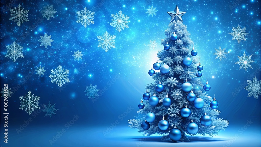 A Festive Blue Christmas Tree Adorned with Sparkling Ornaments and Glimmering Snowflakes Against a Shimmering Blue Background A Festive Blue Christmas Tree Adorned with Sparkling Ornaments and Glimmering Snowflakes Against a Shimmering Blue Background