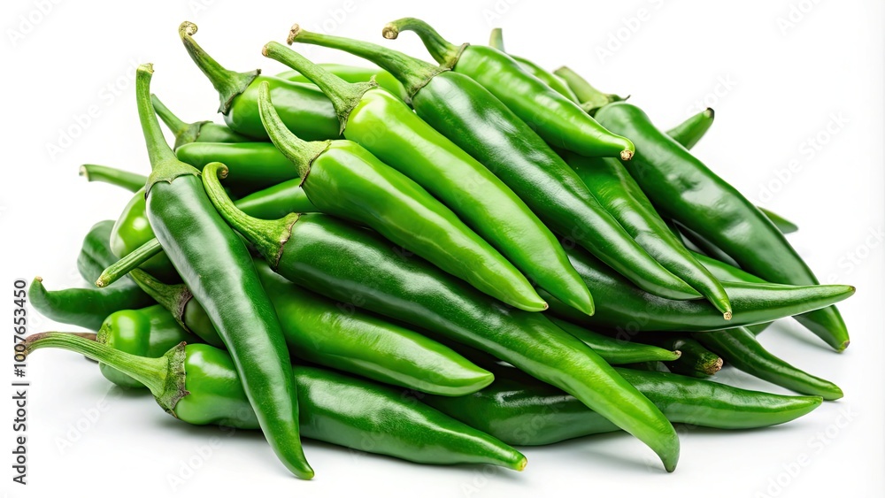Fresh Green Birds Eye Chilli Peppers on a White Background Ready for Culinary Use and Cooking Fresh Green Birds Eye Chilli Peppers on a White Background Ready for Culinary Use and Cooking