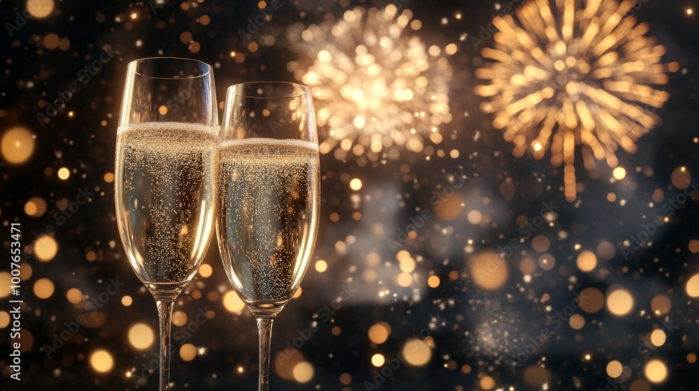 Two Glasses of Champagne with a Sparkling Fireworks Background