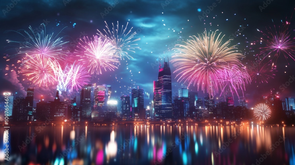 Vibrant Fireworks Display Over a City Skyline at Night Vibrant Fireworks Display Over a City Skyline at Night