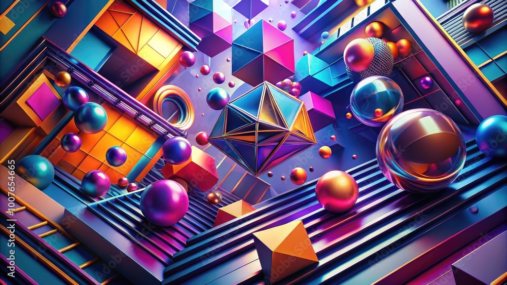 Futuristic 3D Illustration of Abstract Geometric Shapes in Vibrant Colors and Dynamic Composition Futuristic 3D Illustration of Abstract Geometric Shapes in Vibrant Colors and Dynamic Composition