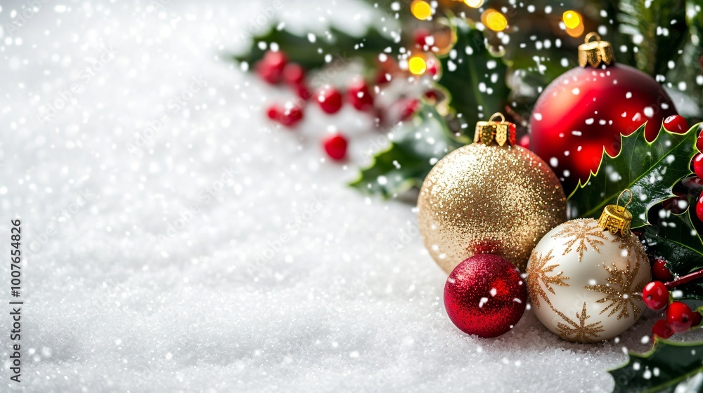Close up of red and gold Christmas ornaments on snow with holly and falling snow. Close up of red and gold Christmas ornaments on snow with holly and falling snow.