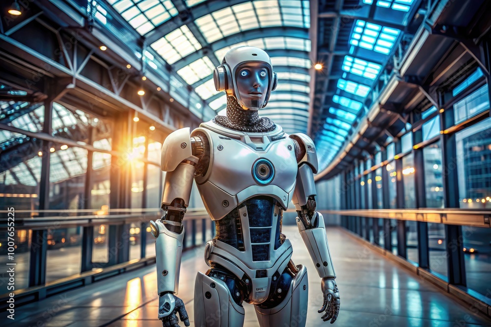 Fototapeta premium Futuristic Realistic Robot Standing in a Modern Environment with Advanced Technology Elements