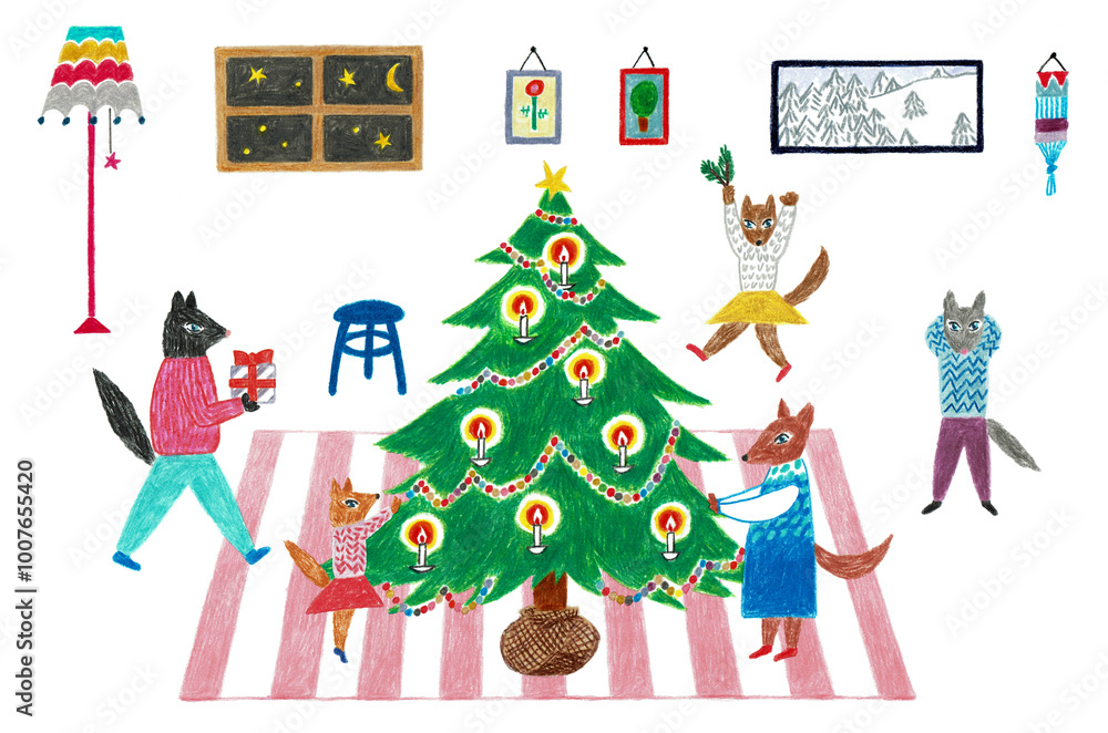 Obraz premium 手描きイラスト クリスマス の夜