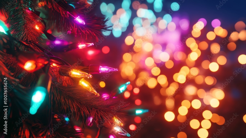 Close-up of Colorful Christmas Lights on a Pine Branch with a Bokeh Background Close-up of Colorful Christmas Lights on a Pine Branch with a Bokeh Background