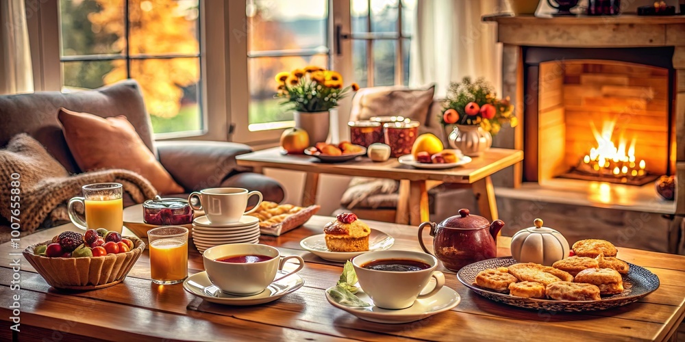 A cozy autumn gathering with tea, pastries, and fruit, illuminated by the warmth of a fireplace A cozy autumn gathering with tea, pastries, and fruit, illuminated by the warmth of a fireplace