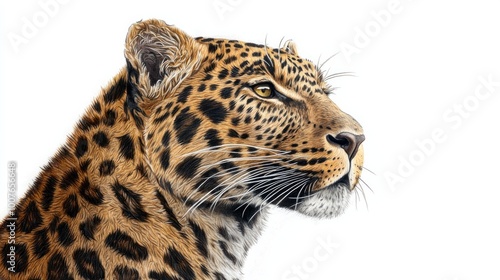 Close-up pencil drawing of leopard, panthera pardus, looking to the side.