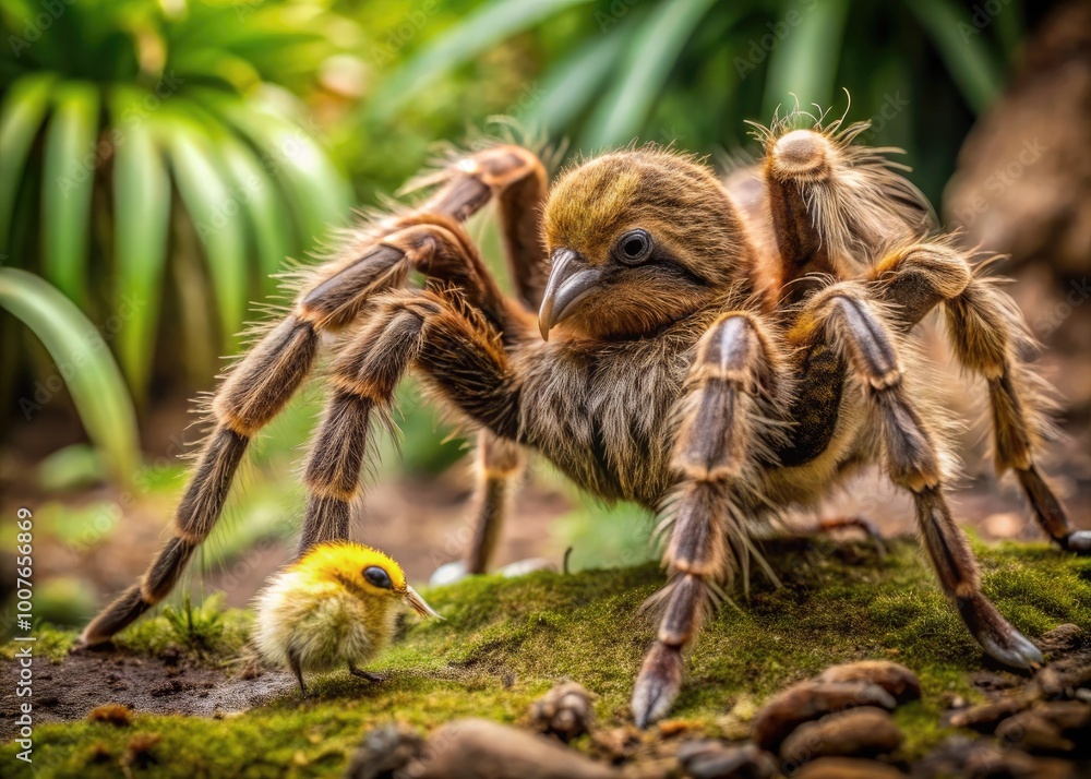 Goliath Birdeater Tarantula Captured in the Act of Preying on a Small Bird in Natural Habitat Goliath Birdeater Tarantula Captured in the Act of Preying on a Small Bird in Natural Habitat