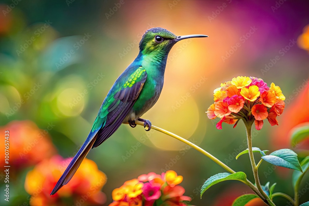 Naklejka premium Graceful Scissor-Tailed Hummingbird Perched on Vibrant Flower in Natural Habitat, Captivating Colors