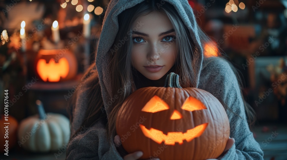 Halloween Night with Hooded Girl Holding Glowing Jack-O-Lantern Halloween Night with Hooded Girl Holding Glowing Jack-O-Lantern