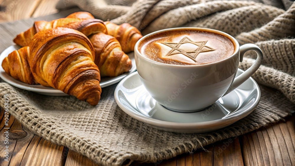 A cup of coffee with a delicate star design on the foam, accompanied by freshly baked pastries, resting on a warm knitted surface A cup of coffee with a delicate star design on the foam, accompanied by freshly baked pastries, resting on a warm knitted surface