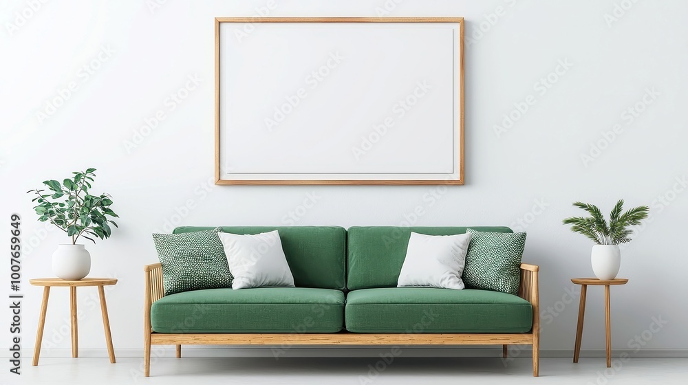 Naklejka premium Modern living space featuring a cozy green sofa against a white wall, complemented by wooden furniture and a stylish poster frame mockup for personalized decor.