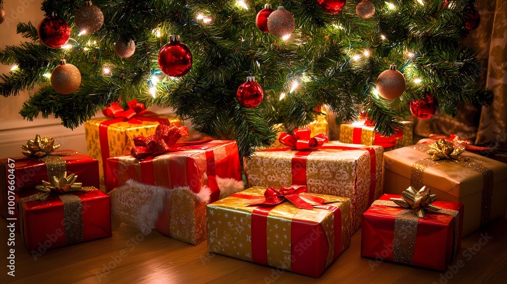 Christmas gift boxes placed under a decorated tree, wrapped in festive gold and red colors, creating a warm and joyful holiday atmosphere. The vibrant and elegant packaging enhances the spirit Christmas gift boxes placed under a decorated tree, wrapped in festive gold and red colors, creating a warm and joyful holiday atmosphere. The vibrant and elegant packaging enhances the spirit