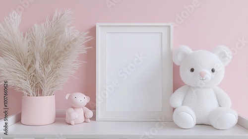 Cozy Scandinavian Nursery with Mock Up Frame, warm tones, minimalist decor, soft textures, inviting atmosphere, perfect for displaying cherished memories or artwork