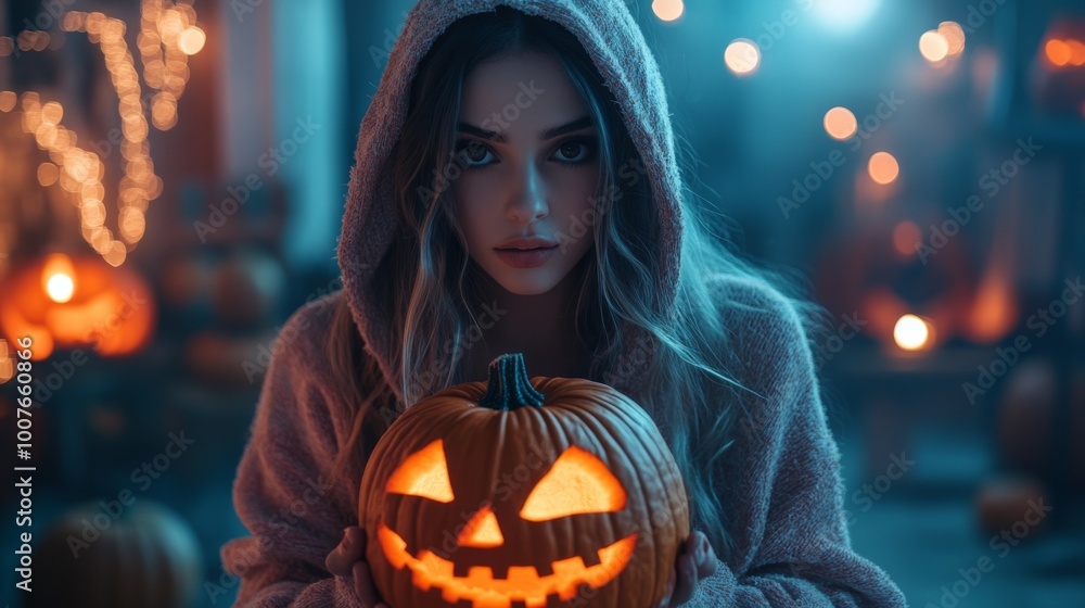 Naklejka premium Halloween Night with Hooded Girl Holding Glowing Jack-O-Lantern