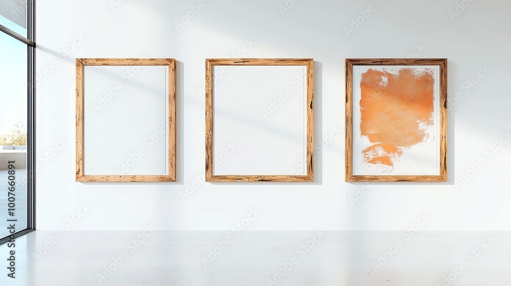 Mockup of four wooden frames displayed on a clean white wall, showcasing a modern and minimalist aesthetic for artistic presentations or advertising purposes. Mockup of four wooden frames displayed on a clean white wall, showcasing a modern and minimalist aesthetic for artistic presentations or advertising purposes.