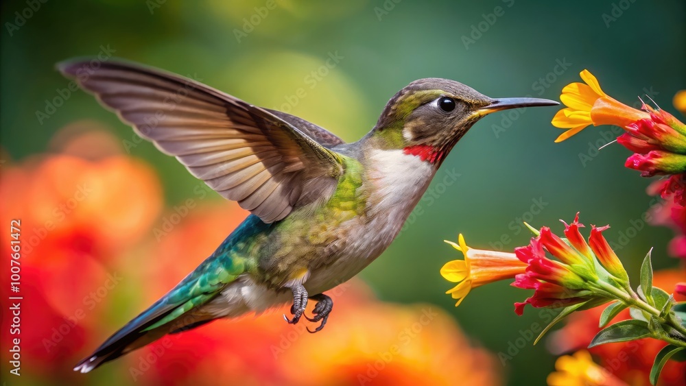 Fototapeta premium Hummingbird with Tongue Extended While Feeding on Nectar from Colorful Flower in Natural Habitat