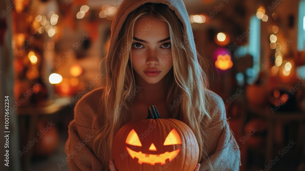 Obraz premium Halloween Night with Hooded Girl Holding Glowing Jack-O-Lantern