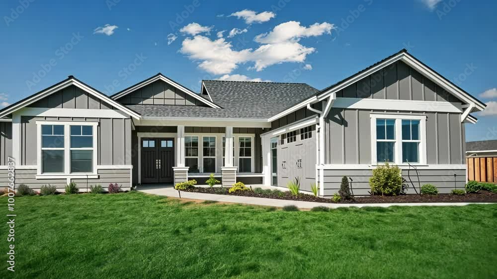 A modern gray house with white trim sits on a lush green lawn under a ...