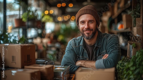 Smiling man in cozy plant shop surrounded by boxes