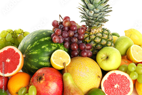 Many different fresh fruits isolated on white