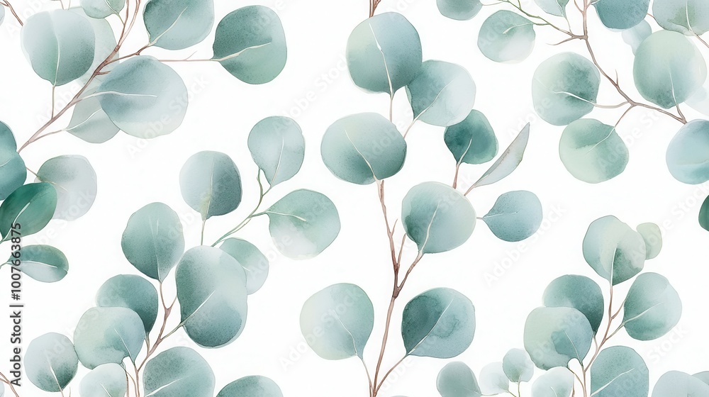 Eucalyptus Elegance, a seamless watercolor pattern featuring hand-painted eucalyptus leaves on a crisp white backdrop, perfect for elegant home decor or stylish textiles. Eucalyptus Elegance, a seamless watercolor pattern featuring hand-painted eucalyptus leaves on a crisp white backdrop, perfect for elegant home decor or stylish textiles.