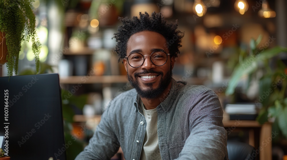 Fototapeta premium Smiling Man in Modern Workspace with Plants