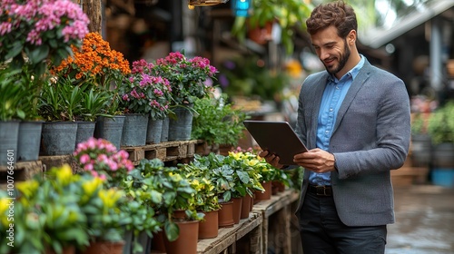 Man Using Tablet in Flower Shop with Colorful Plants