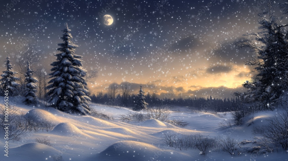 Snowy Forest Landscape with Full Moon and Falling Snow Snowy Forest Landscape with Full Moon and Falling Snow