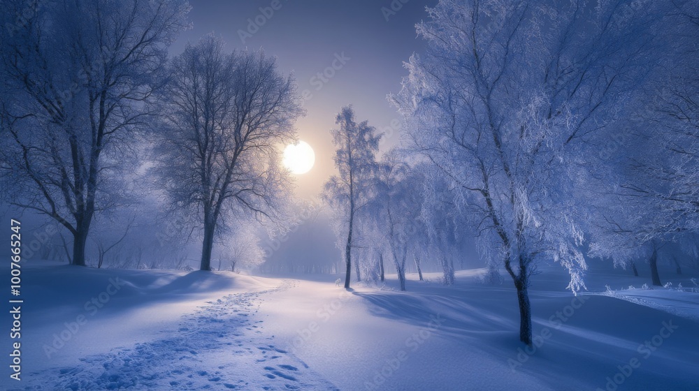 Snow-Covered Trees and a Path Leading Through a Frosty Winter Landscape Snow-Covered Trees and a Path Leading Through a Frosty Winter Landscape