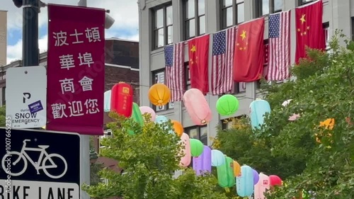 Boston Chinatown Celebrating Chinese National Day with Lanterns and Flags