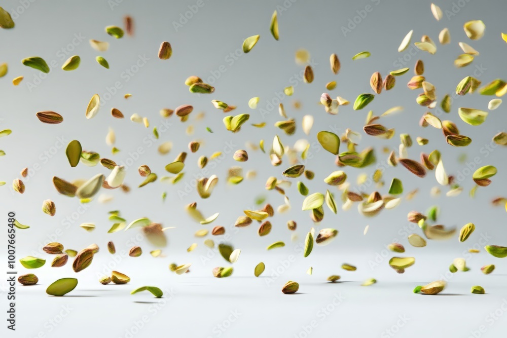 Realistic pistachio nuts exploding in motion, creating a dynamic splash effect ideal for a snack package or advertising poster. The bright lighting enhances the vibrant colors of the pistachios Realistic pistachio nuts exploding in motion, creating a dynamic splash effect ideal for a snack package or advertising poster. The bright lighting enhances the vibrant colors of the pistachios