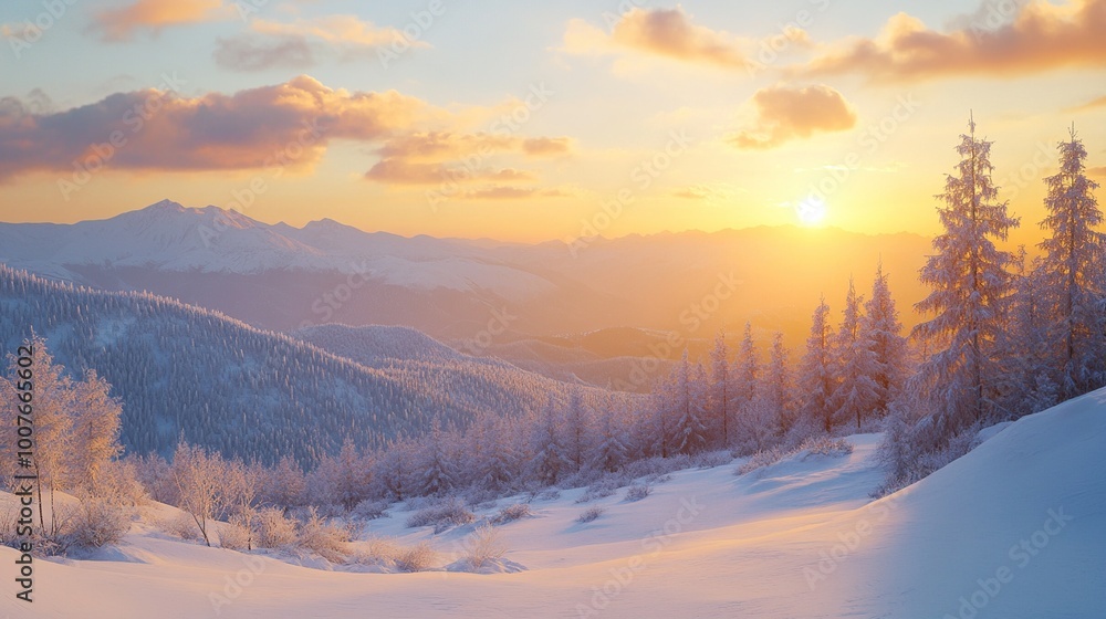 Fototapeta premium Serene winter landscape at sunrise.