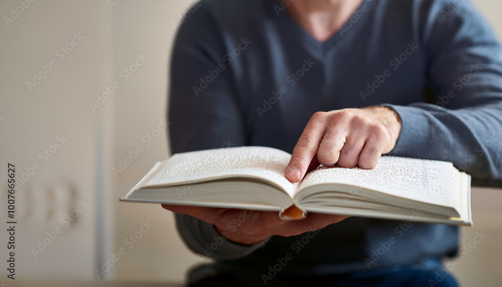 Hand of a blind person reading some braille text touching the relief. Empty copy space for Editor's content.
, space for text Hand of a blind person reading some braille text touching the relief. Empty copy space for Editor's content.
, space for text