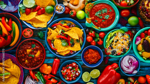 A delicious spread of Mexican food with chips, salsa, guacamole, and more.