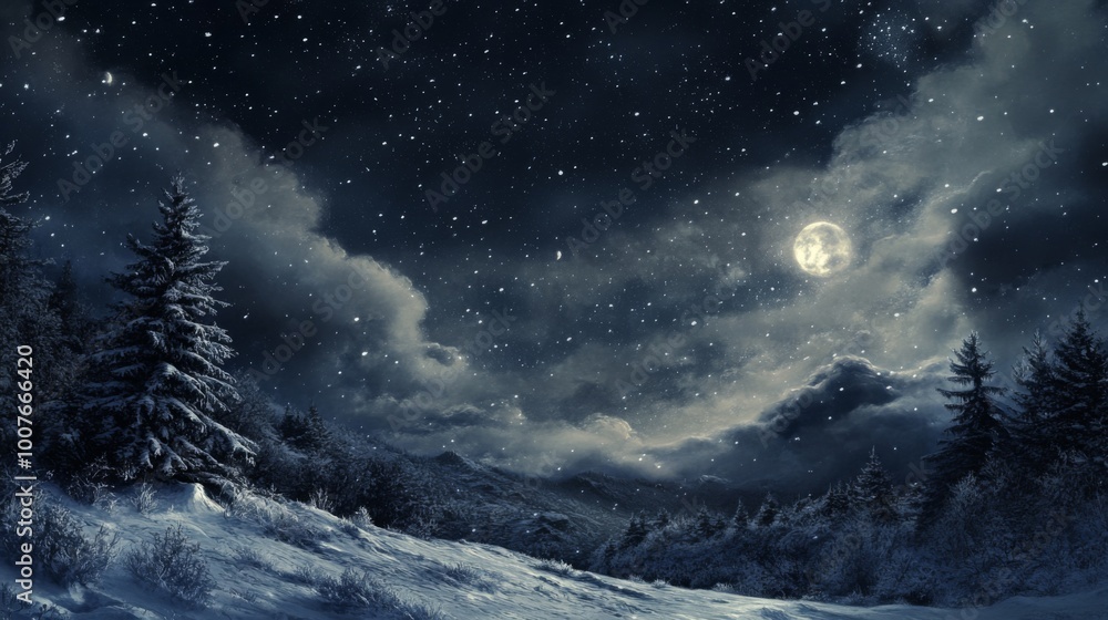 Snowy Forest Landscape Under a Full Moon and Starry Sky Snowy Forest Landscape Under a Full Moon and Starry Sky